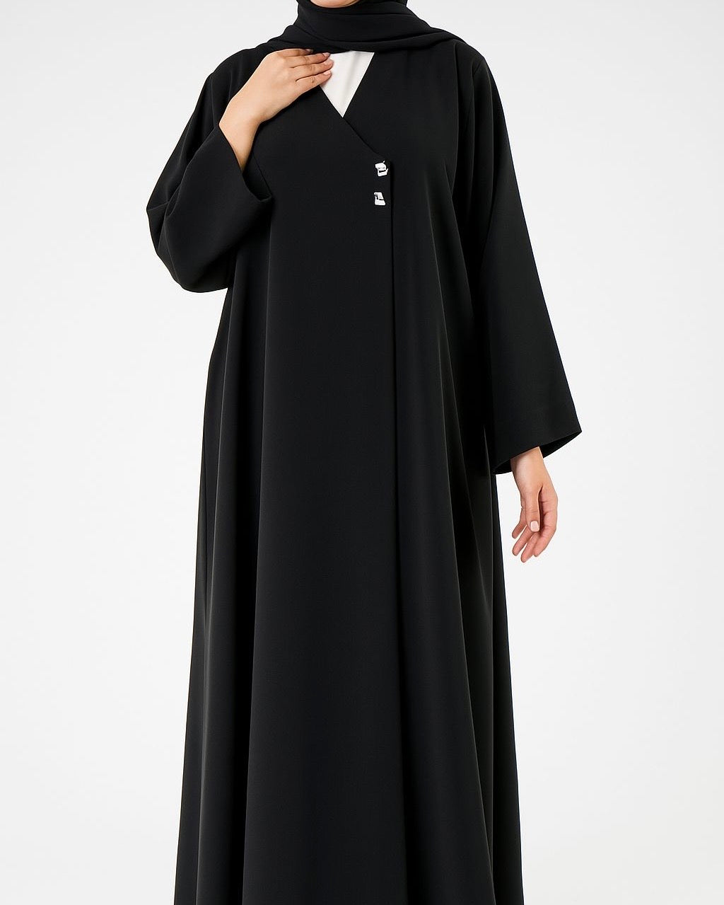 Hoor – Jet Black High-Grade Crepe V-Neck Overlap Abaya | MANHAS