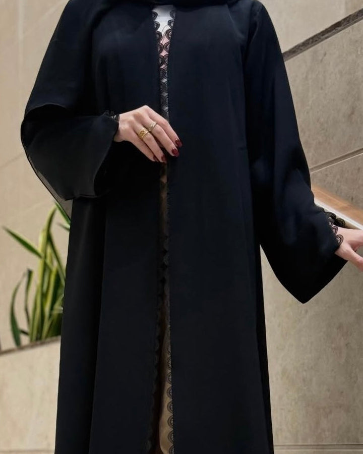 Kiza – Jet Black Korean Nada Lace Detail Straight Cut Abaya | MANHAS