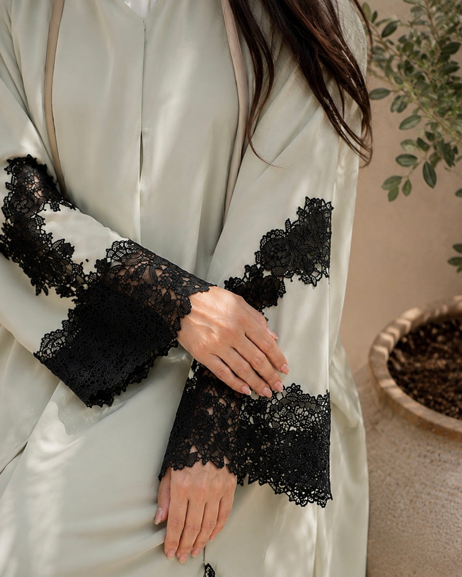 Rhea – Pastel Korean Nada Black Lace Cutout Abaya | MANHAS