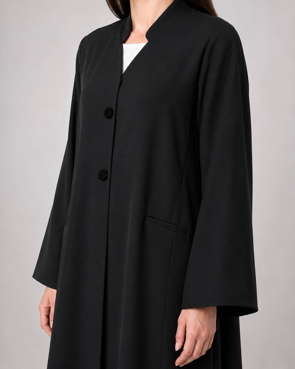 Noir – Jet Black Indonesian Crepe Pocket Collar Abaya | MANHAS