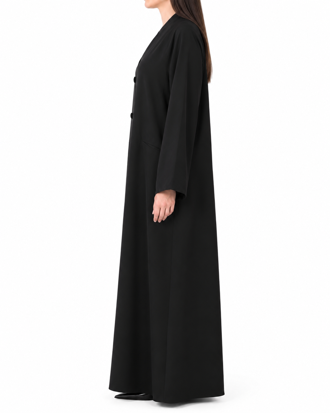Noir – Jet Black Indonesian Crepe Pocket Collar Abaya | MANHAS