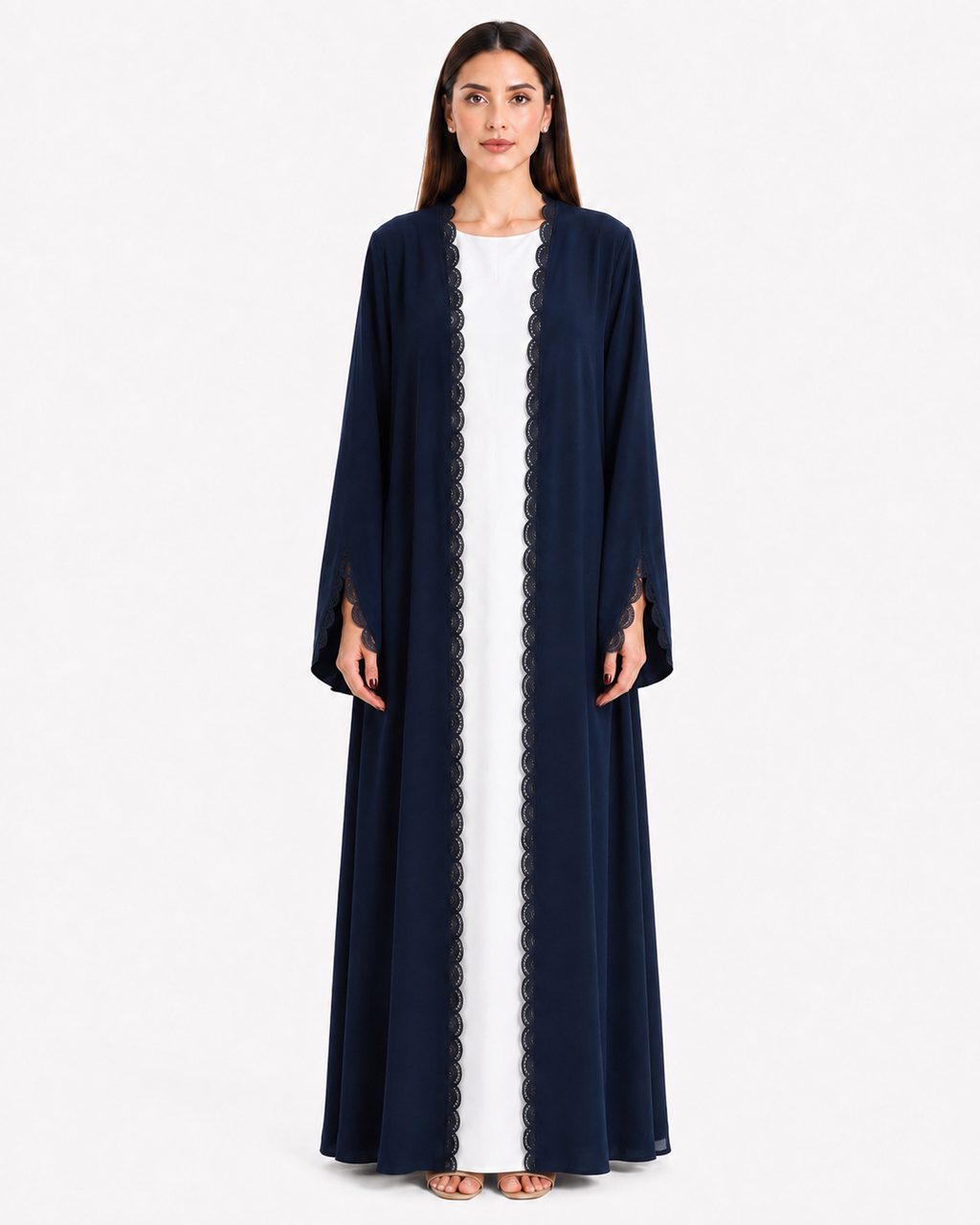Kiza – Navy Blue Korean Nada Lace Detail Straight Cut Abaya | MANHAS