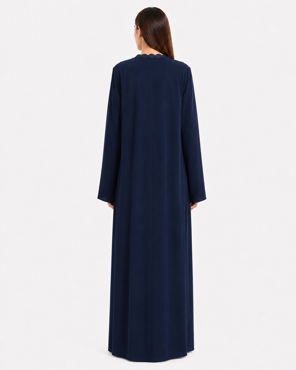Kiza – Navy Blue Korean Nada Lace Detail Straight Cut Abaya | MANHAS