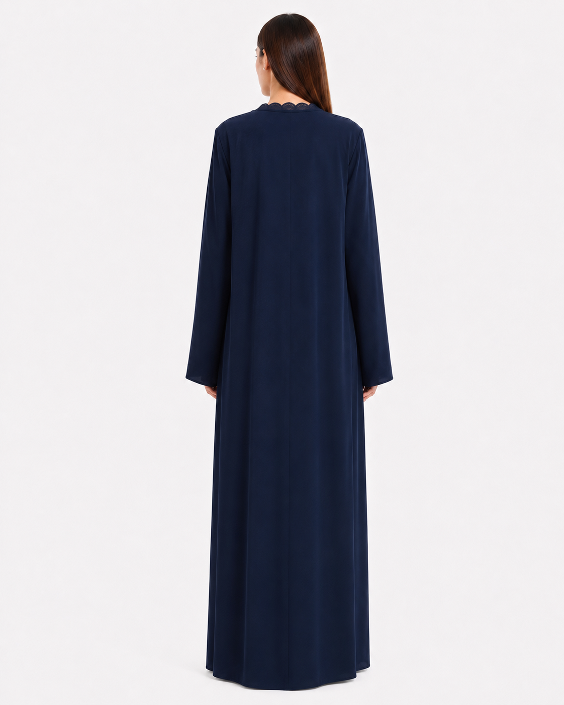 Kiza – Navy Blue Korean Nada Lace Detail Straight Cut Abaya | MANHAS