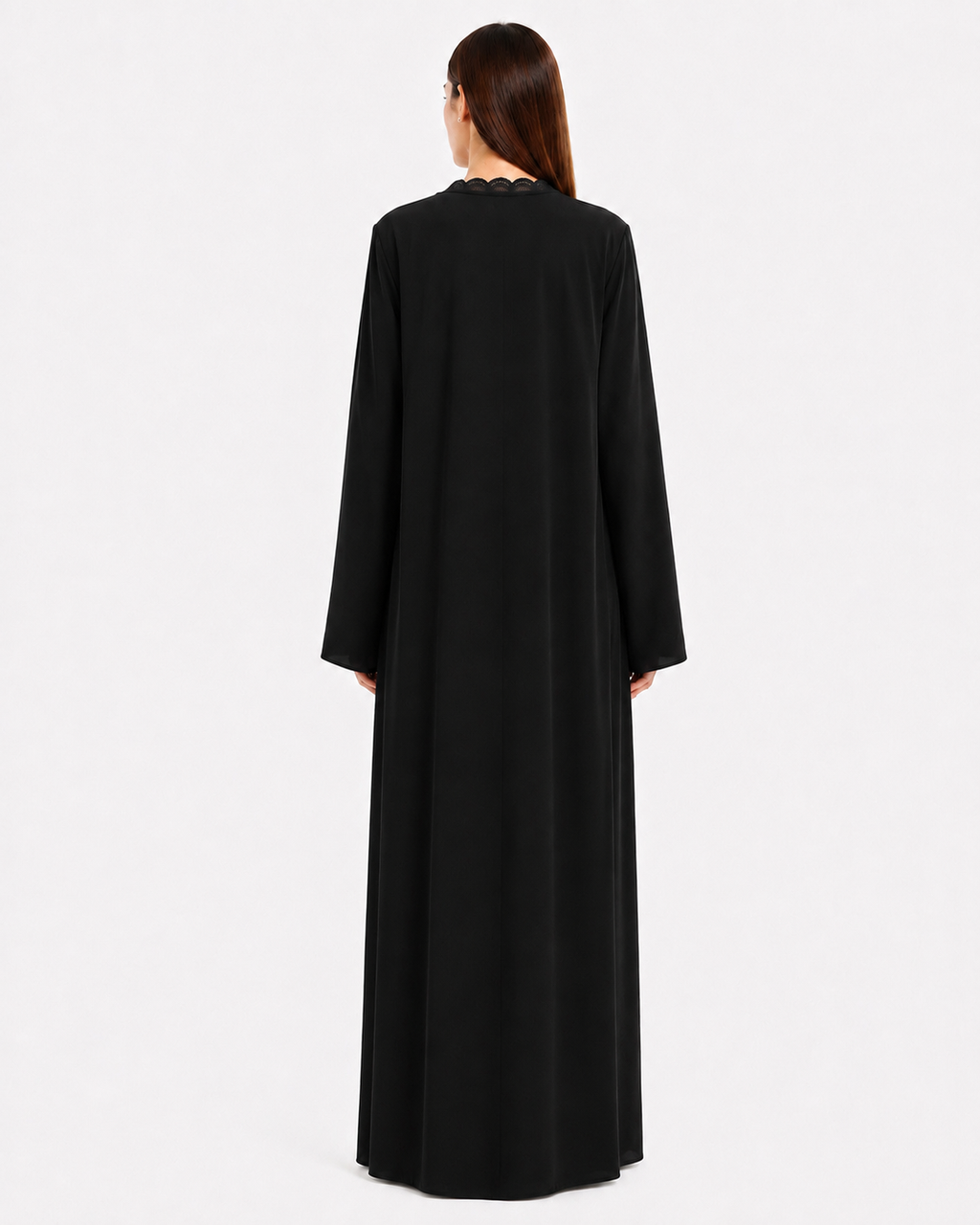 Kiza – Jet Black Korean Nada Lace Detail Straight Cut Abaya | MANHAS