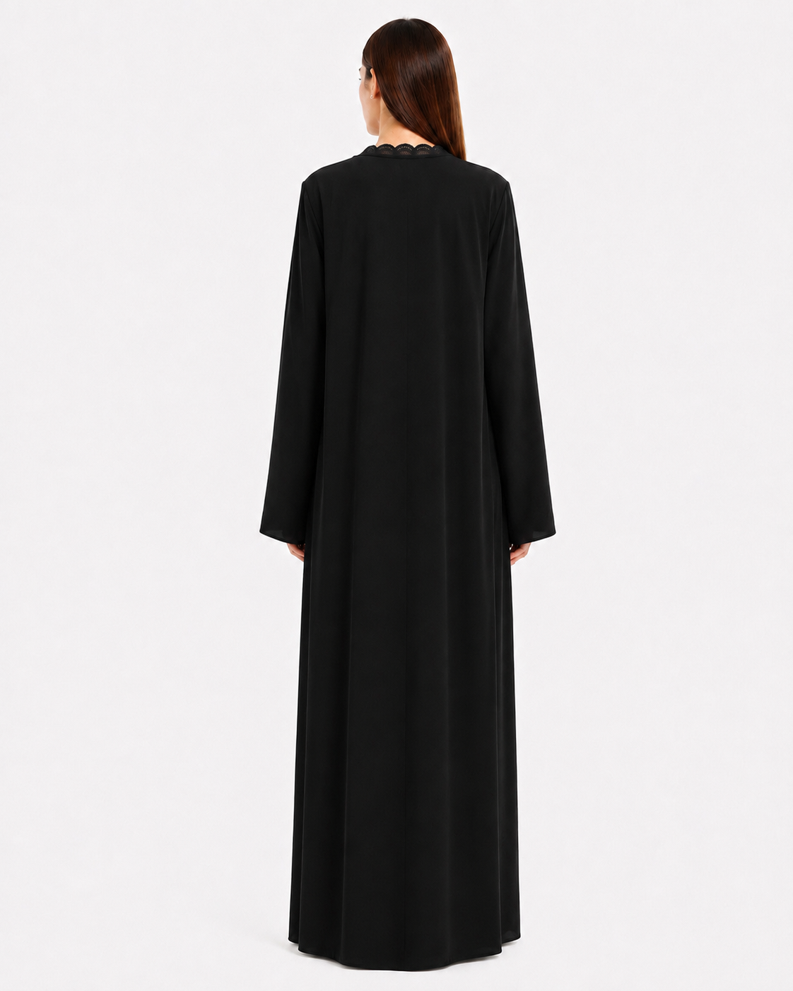 Kiza – Jet Black Korean Nada Lace Detail Straight Cut Abaya | MANHAS