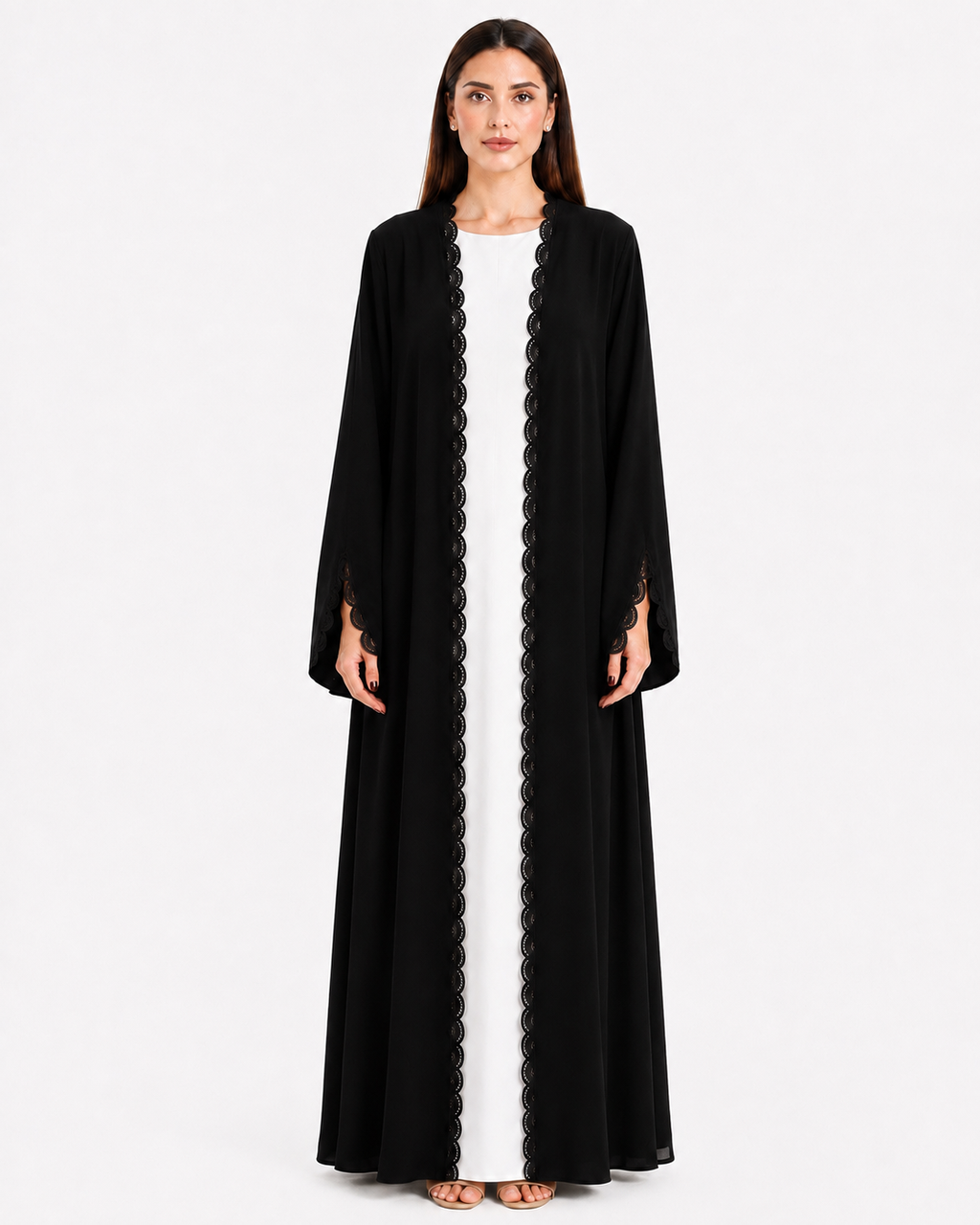 Kiza – Jet Black Korean Nada Lace Detail Straight Cut Abaya | MANHAS