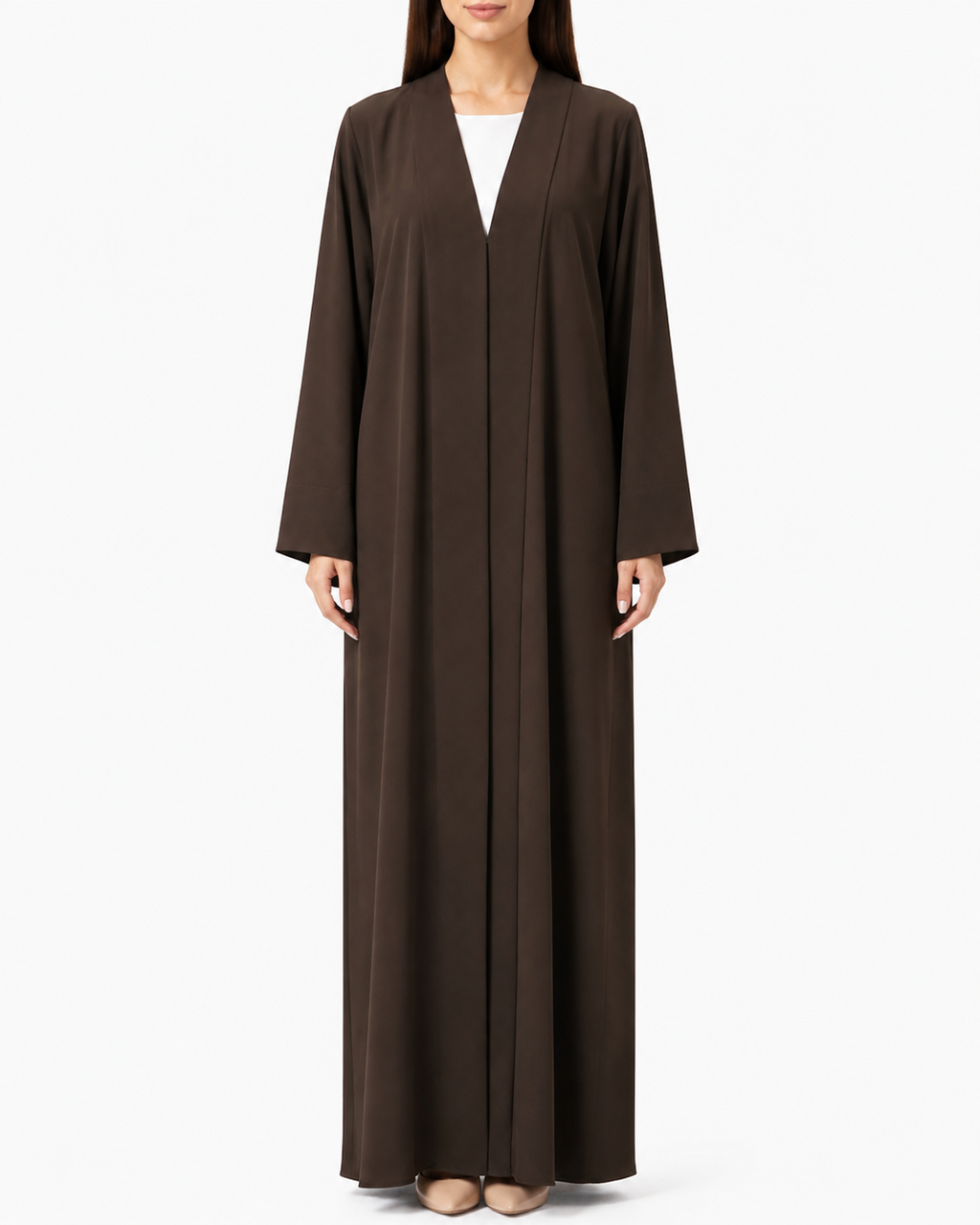 Haya – Deep Brown Premium Crepe Shawl Collar Abaya | MANHAS