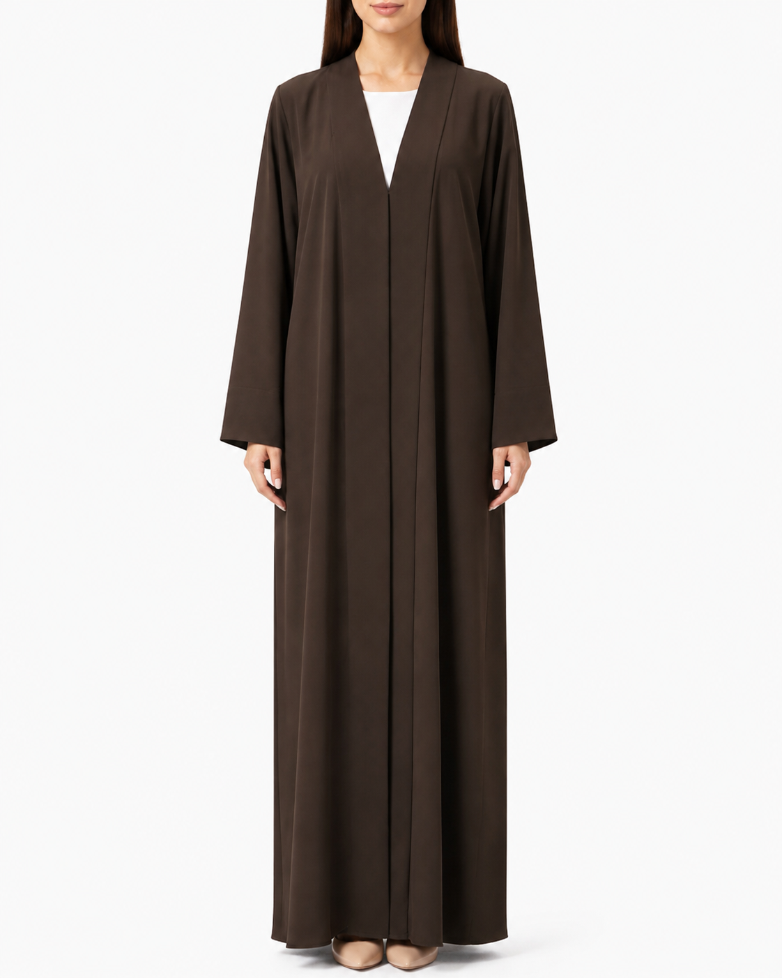 Haya – Deep Brown Premium Crepe Shawl Collar Abaya | MANHAS
