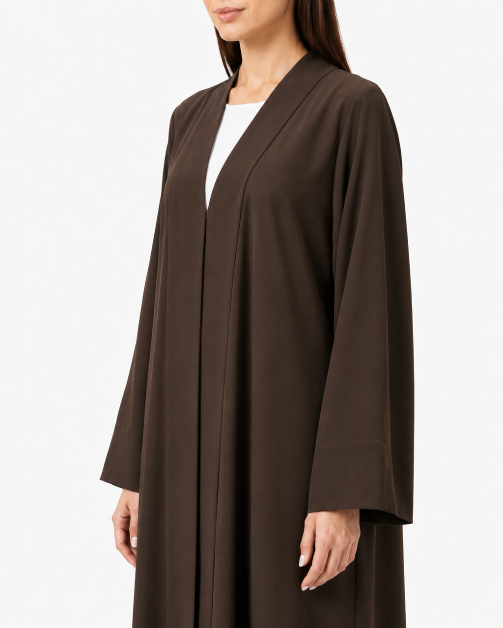 Haya – Deep Brown Premium Crepe Shawl Collar Abaya | MANHAS