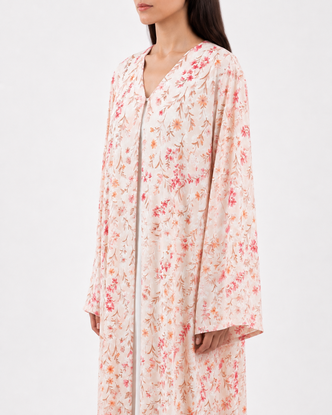 Zahra – Cream Floral Printed Chiffon Straight Cut Abaya | MANHAS
