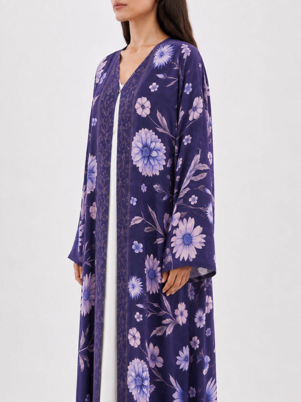 Sapphire – Navy Blue Floral Printed Straight Cut Abaya | MANHAS