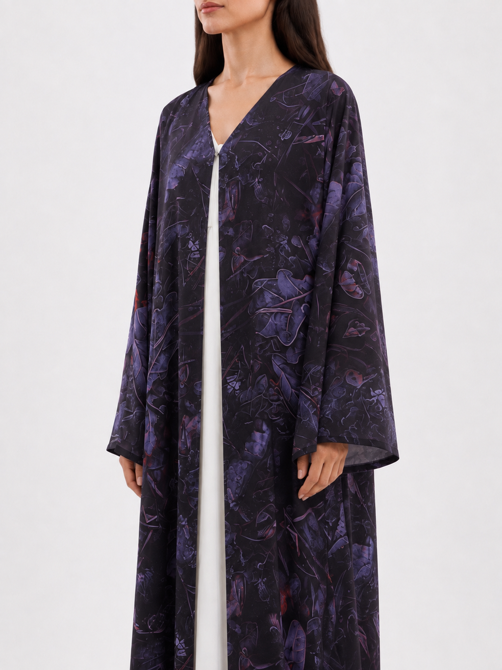 Sora – Midnight Purple Botanical Printed Chiffon Open Front Abaya | MANHAS