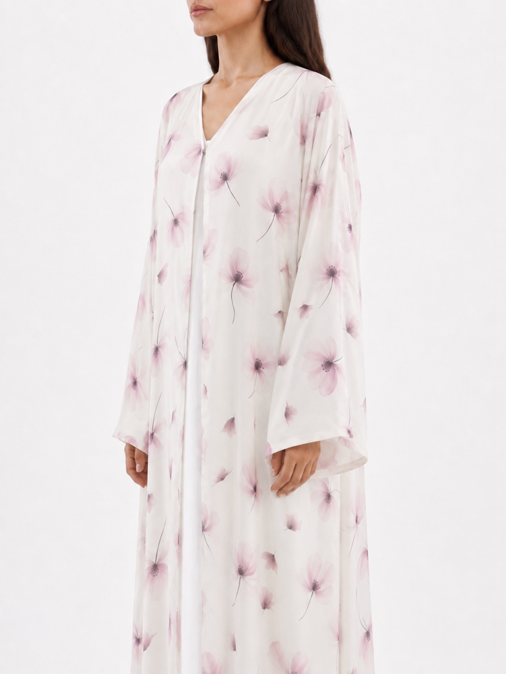 Celia – Off White Blush Floral Printed Chiffon Open Front Abaya | MANHAS