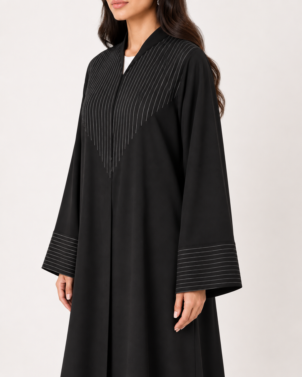 Rital – Black & Pinstripe V-Panel Foam Abaya | MANHAS