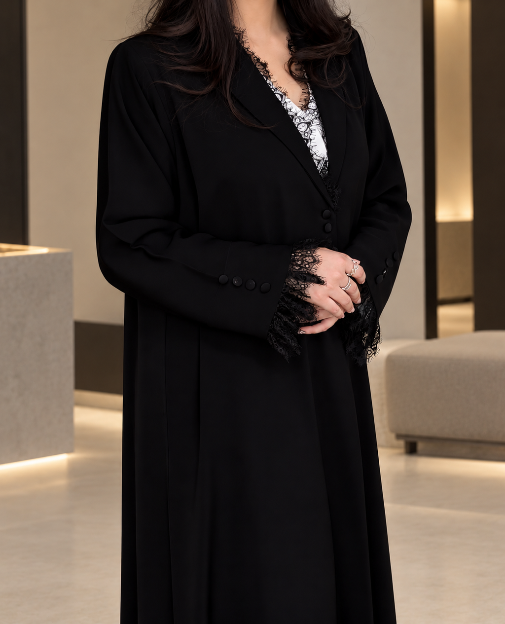 Jouri – Black French Lace Layan Collar Crepe Abaya | MANHAS
