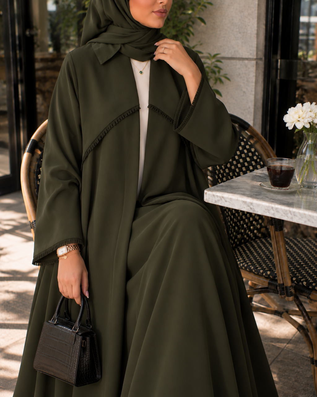 Raneem – Green Korean Crepe Straight Cut Abaya | MANHAS