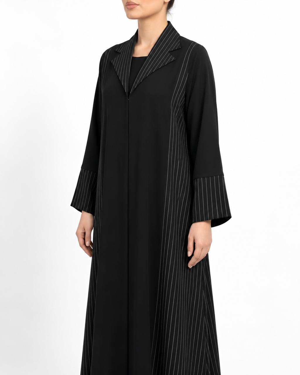 Rimsha – Black Korean Nada Tailored Collar Striped Abaya | MANHAS