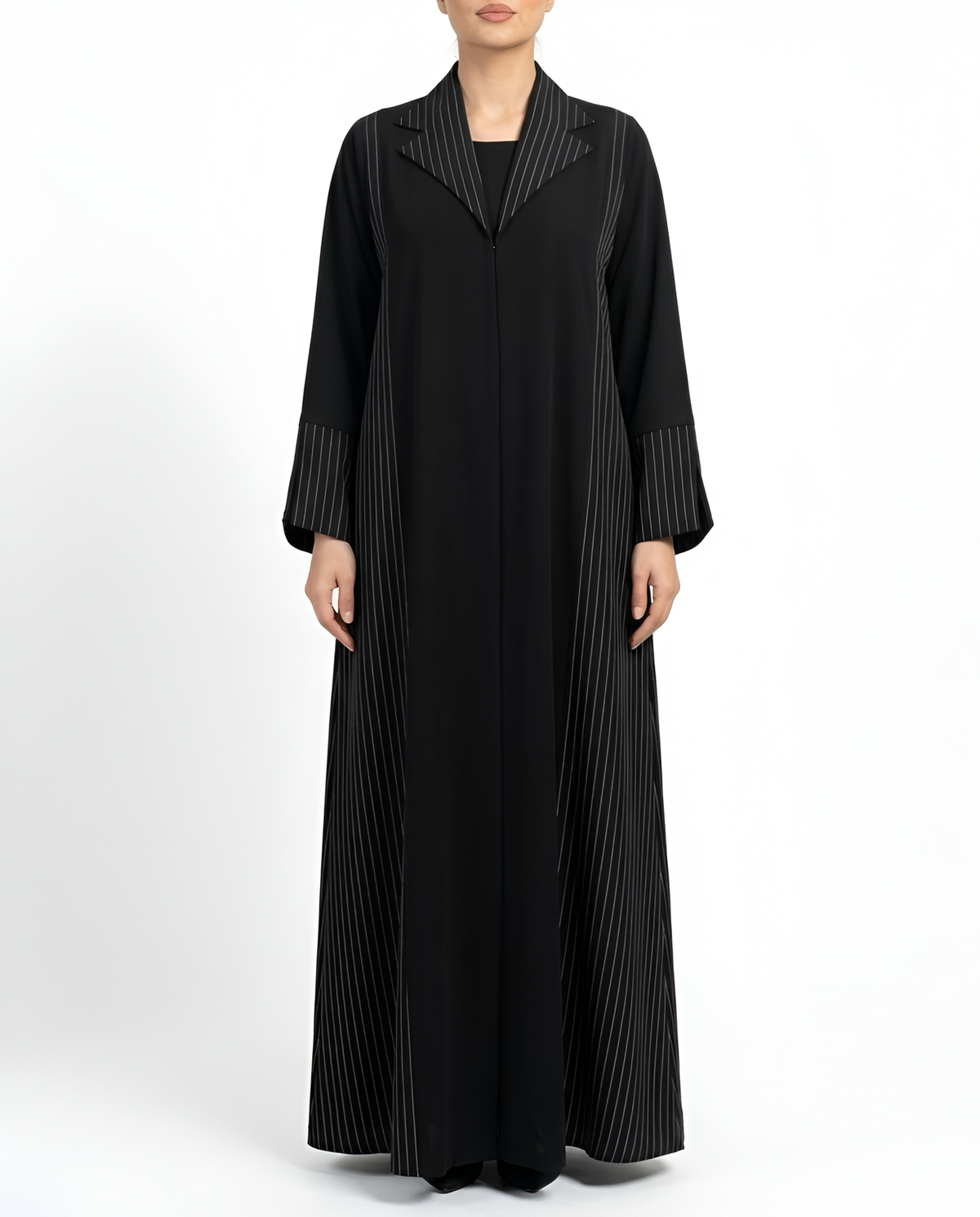 Rimsha – Black Korean Nada Tailored Collar Striped Abaya | MANHAS