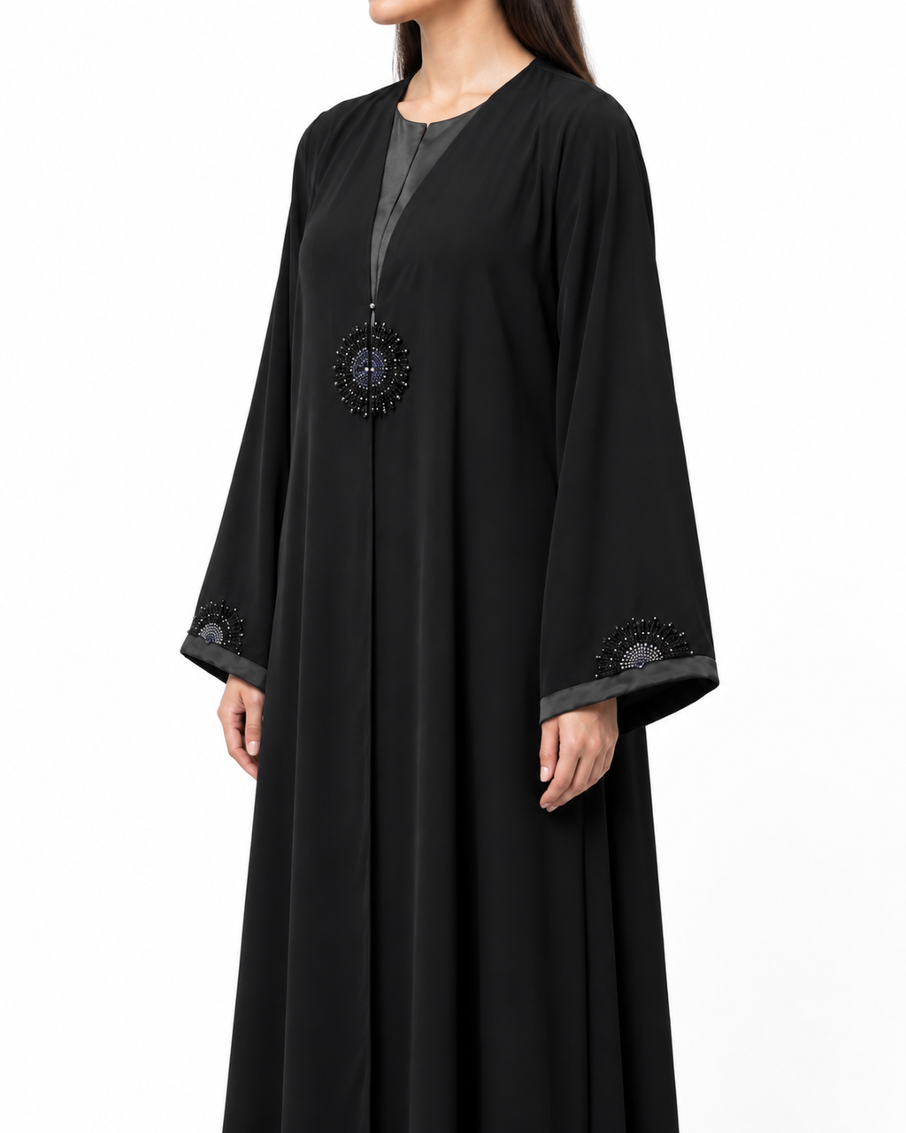 Sidra – Jet Black Indonesian Crepe Crystal Medallion Abaya | MANHAS