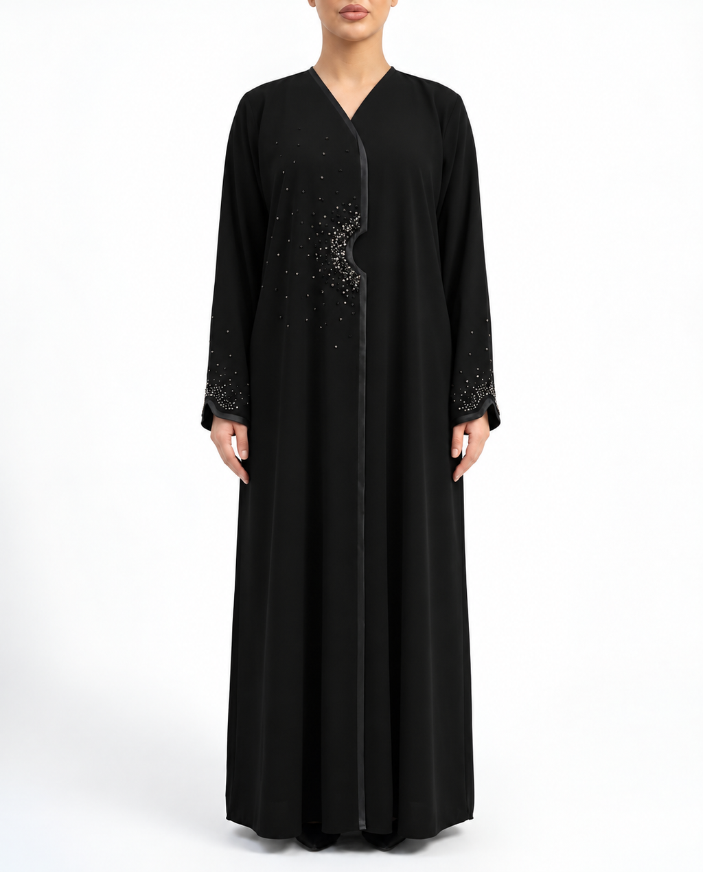 Sama – Jet Black Indonesian Crepe Overlap Crystal Abaya | MANHAS