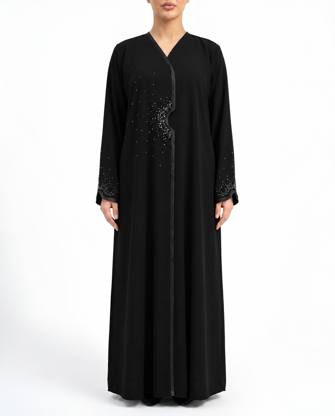 Sama – Jet Black Indonesian Crepe Overlap Crystal Abaya | MANHAS