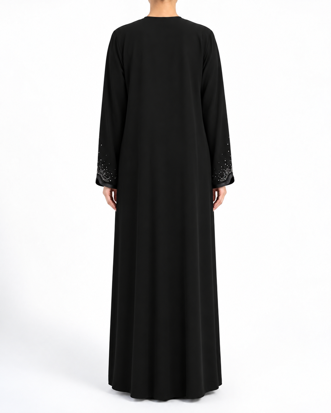 Sama – Jet Black Indonesian Crepe Overlap Crystal Abaya | MANHAS