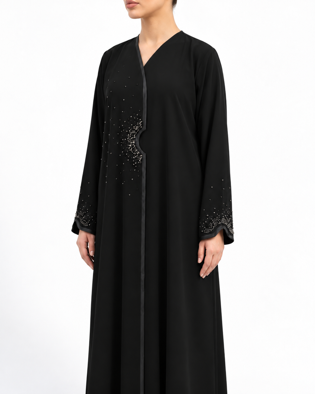 Sama – Jet Black Indonesian Crepe Overlap Crystal Abaya | MANHAS