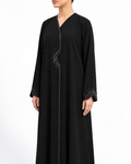 Sama – Jet Black Indonesian Crepe Overlap Crystal Abaya | MANHAS