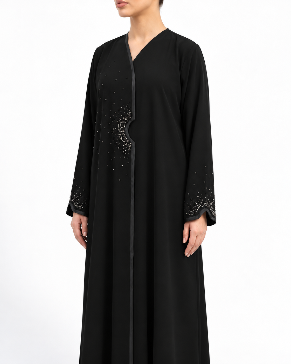 Sama – Jet Black Indonesian Crepe Overlap Crystal Abaya | MANHAS